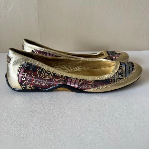 COACH Ballet Flats Gold Tartan Plaid True Graffiti Logo Shoes Slip On Sz 7.5 Y2K - Picture 3 of 8